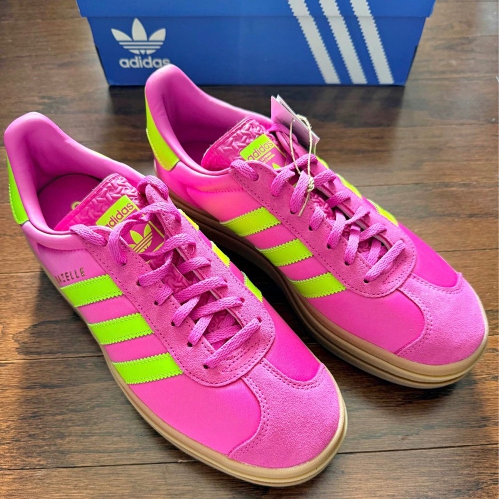 adidas Gazelle Bold Shoes in the Semi Lucid Fuchsia / Solar Slime / Gold Metalli